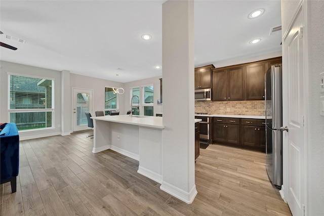 kitchen with light wood-type flooring, backsplash, dark brown cabinets, and appliances with stainless steel finishes