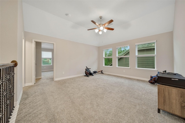 miscellaneous room featuring light carpet and ceiling fan