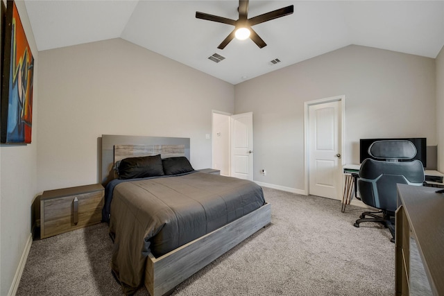 bedroom featuring lofted ceiling, carpet flooring, and ceiling fan