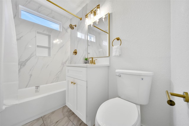 full bathroom with toilet, vanity, and shower / tub combo