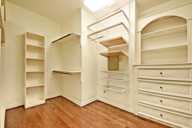 walk in closet with wood-type flooring