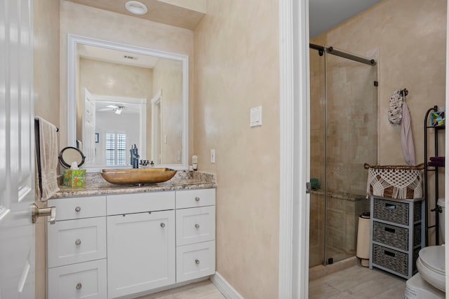 bathroom with vanity, toilet, and walk in shower