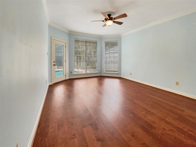 spare room with crown molding, hardwood / wood-style flooring, and ceiling fan