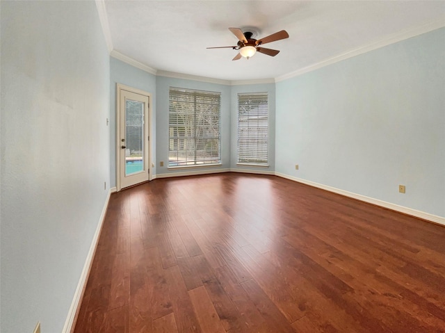 18418 Forest Elms Dr, Spring, TX 77388 - unfurnished room featuring a ceiling fan, baseboards, dark wood-style floors, and ornamental molding