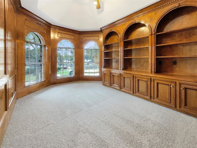 18418 Forest Elms Dr, Spring, TX 77388 - interior space featuring light colored carpet, crown molding, ceiling fan, and built in shelves