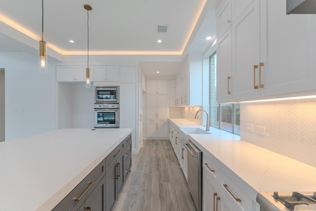 kitchen featuring pendant lighting, stainless steel appliances, a raised ceiling, and white cabinets