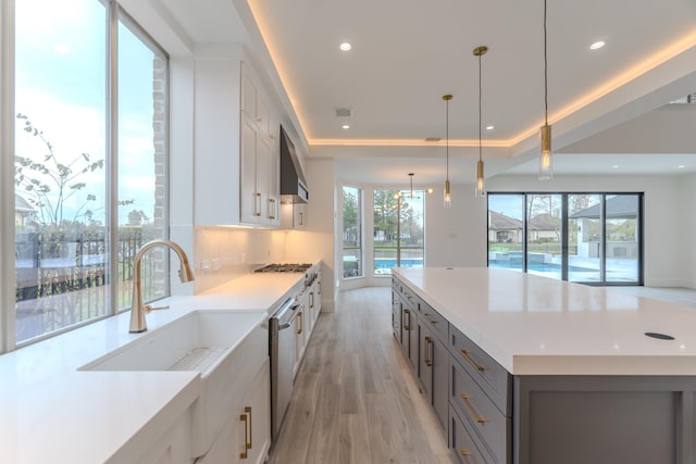 kitchen featuring decorative light fixtures, white cabinetry, stainless steel appliances, a raised ceiling, and light wood-type flooring