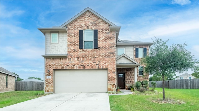 view of front property featuring a garage and a front lawn