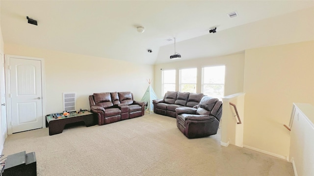 living room with light colored carpet and lofted ceiling