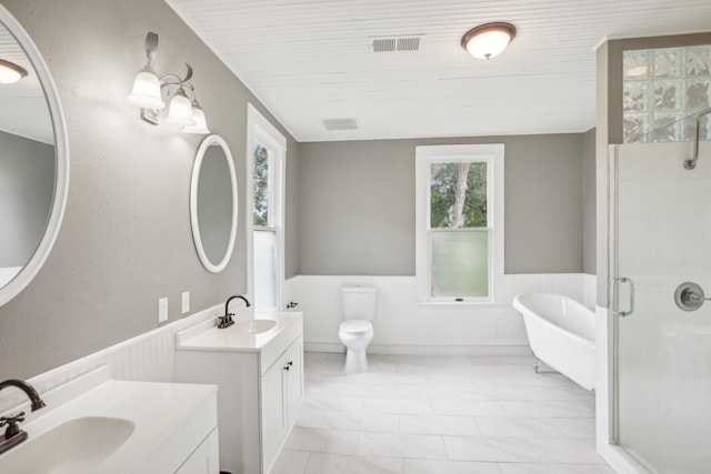 full bathroom with wooden ceiling, toilet, vanity, and separate shower and tub