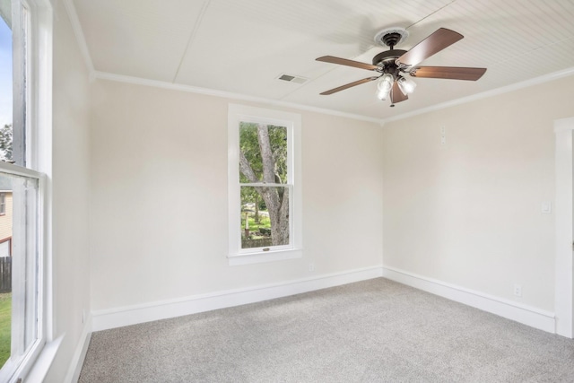 carpeted spare room featuring ceiling fan and crown molding