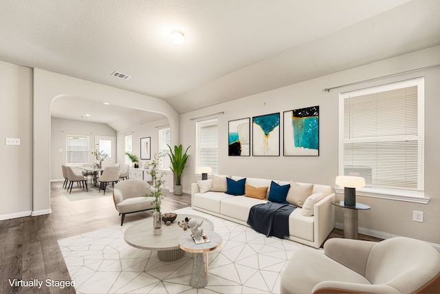 living room with light hardwood / wood-style floors and lofted ceiling