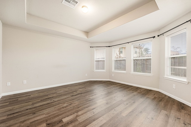 empty room with hardwood / wood-style flooring and a tray ceiling