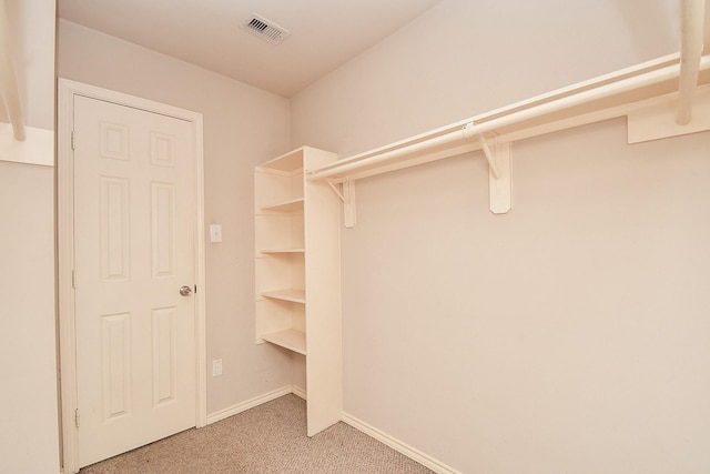 spacious closet featuring light colored carpet