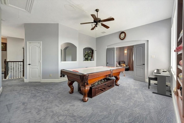 recreation room featuring ceiling fan, billiards, and carpet