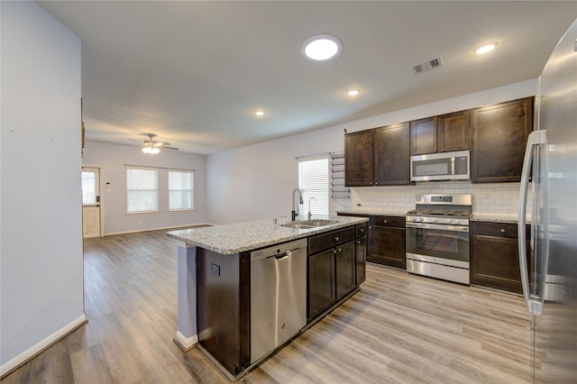 kitchen with sink, backsplash, dark brown cabinetry, stainless steel appliances, and a center island with sink