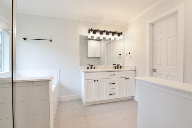 bathroom with vanity, a bath, tile patterned flooring, and ornamental molding