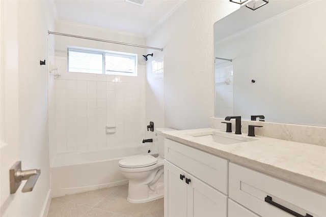 full bathroom with vanity, ornamental molding, tiled shower / bath, tile patterned floors, and toilet