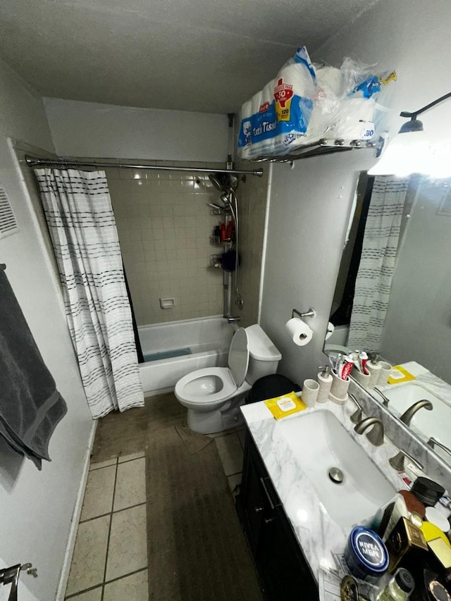 full bathroom with vanity, toilet, shower / tub combo, and tile patterned flooring