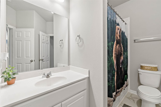 bathroom featuring toilet, vanity, and a shower with curtain