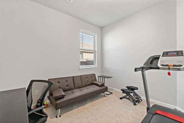 exercise room featuring light carpet