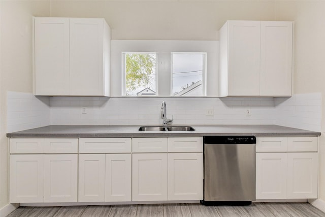 kitchen with sink, dishwasher, white cabinetry, and decorative backsplash