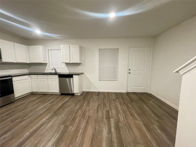 kitchen with sink, white cabinetry, appliances with stainless steel finishes, and dark hardwood / wood-style floors