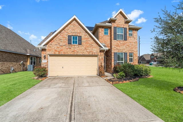 view of front property with a garage, central AC unit, and a front lawn