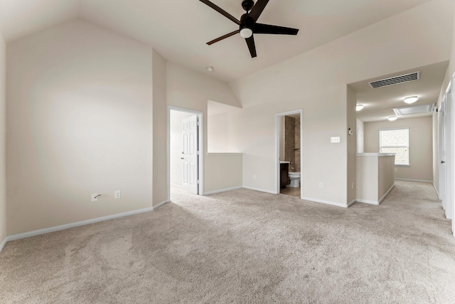 interior space with ceiling fan and vaulted ceiling