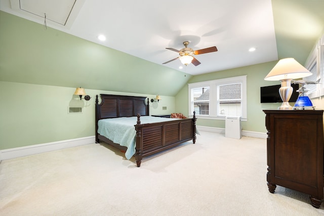 bedroom featuring lofted ceiling, light carpet, and ceiling fan