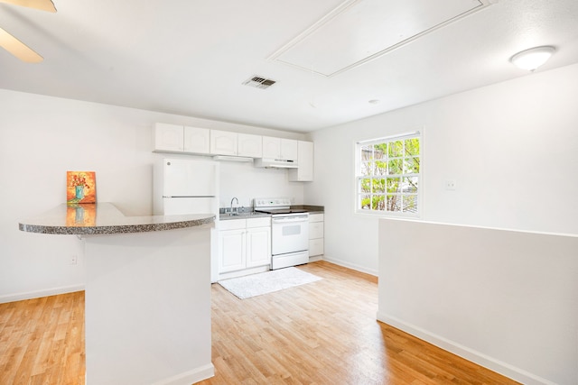 kitchen featuring white appliances, kitchen peninsula, sink, and white cabinets