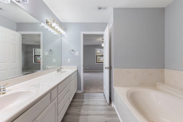 bathroom with vanity, wood-type flooring, and a bath