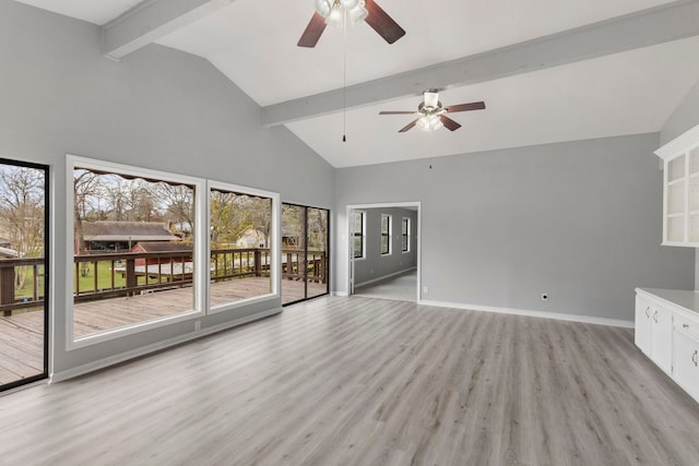 unfurnished living room with lofted ceiling with beams, ceiling fan, and light wood-type flooring