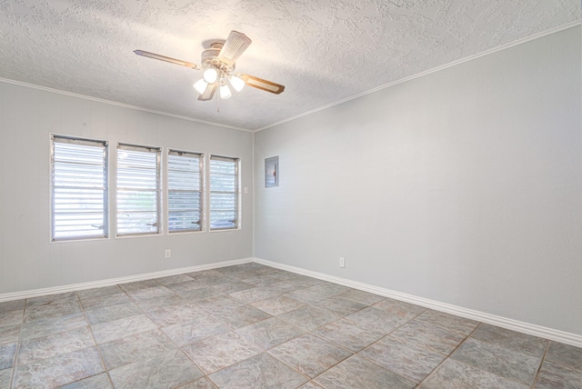 spare room featuring ceiling fan, ornamental molding, and a textured ceiling