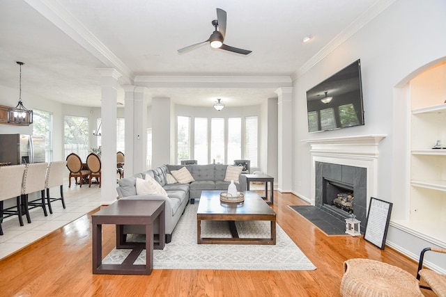 living room with light hardwood / wood-style floors, plenty of natural light, and decorative columns