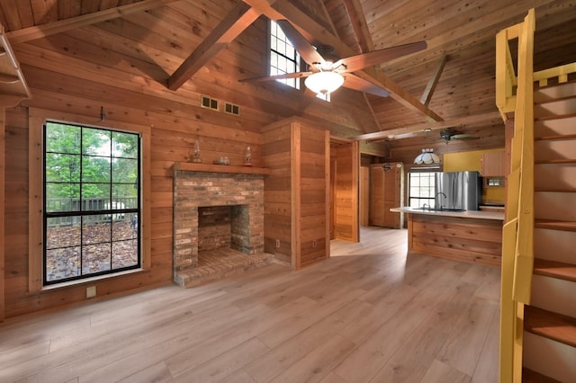 unfurnished living room with high vaulted ceiling, a fireplace, beamed ceiling, wood walls, and wooden ceiling