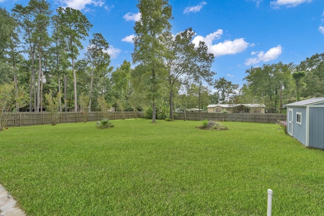 view of yard featuring a storage unit, an outdoor structure, and a fenced backyard