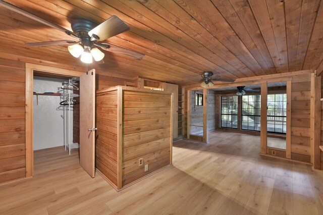 interior space with ceiling fan, wooden ceiling, wooden walls, and light hardwood / wood-style flooring