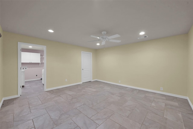 interior space featuring ceiling fan, visible vents, baseboards, and recessed lighting