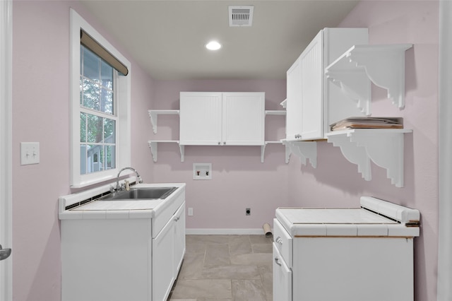 kitchen with white cabinetry, visible vents, open shelves, and a sink