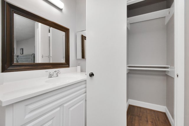 bathroom with wood-type flooring and vanity