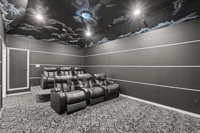 home theater with carpet floors