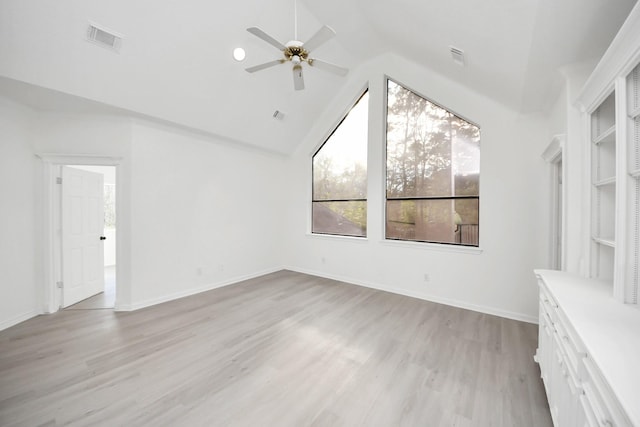 unfurnished room with lofted ceiling, light hardwood / wood-style flooring, and ceiling fan