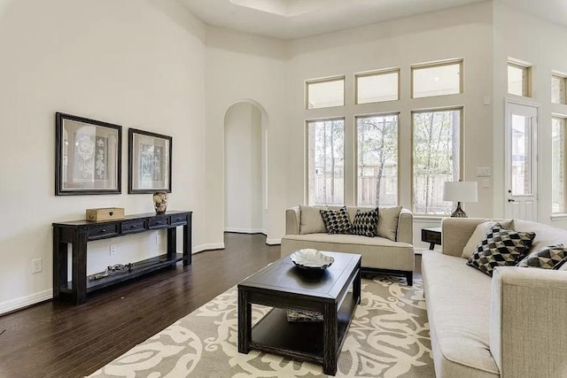 living room with dark wood-type flooring and a towering ceiling