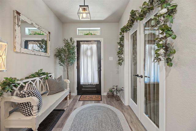 entrance foyer featuring a healthy amount of sunlight, a textured ceiling, and wood-type flooring