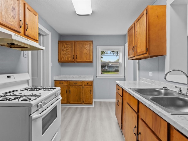 kitchen with sink, light hardwood / wood-style floors, and gas range gas stove