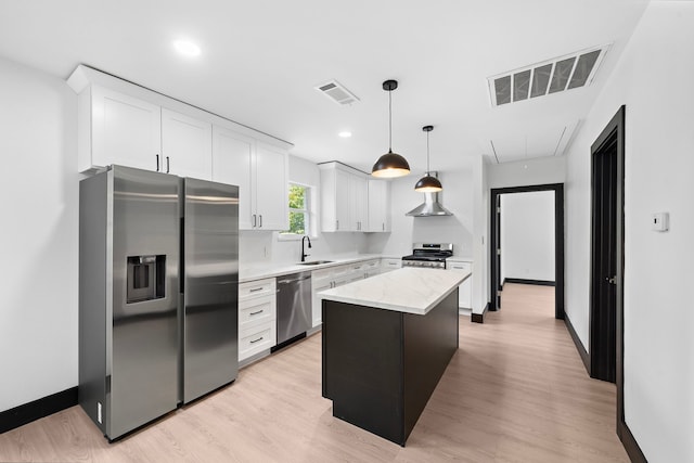 kitchen featuring appliances with stainless steel finishes, a center island, decorative light fixtures, white cabinetry, and sink