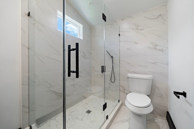 bathroom featuring toilet, lofted ceiling, and an enclosed shower