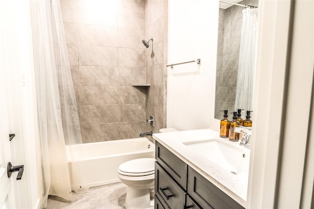 full bathroom with shower / bathtub combination with curtain, vanity, and toilet