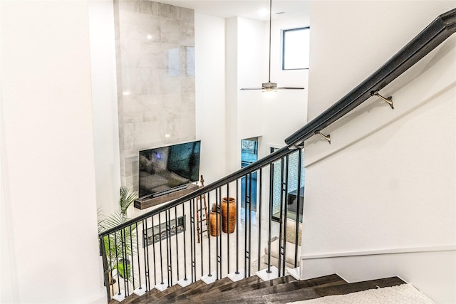 stairs with hardwood / wood-style floors and ceiling fan